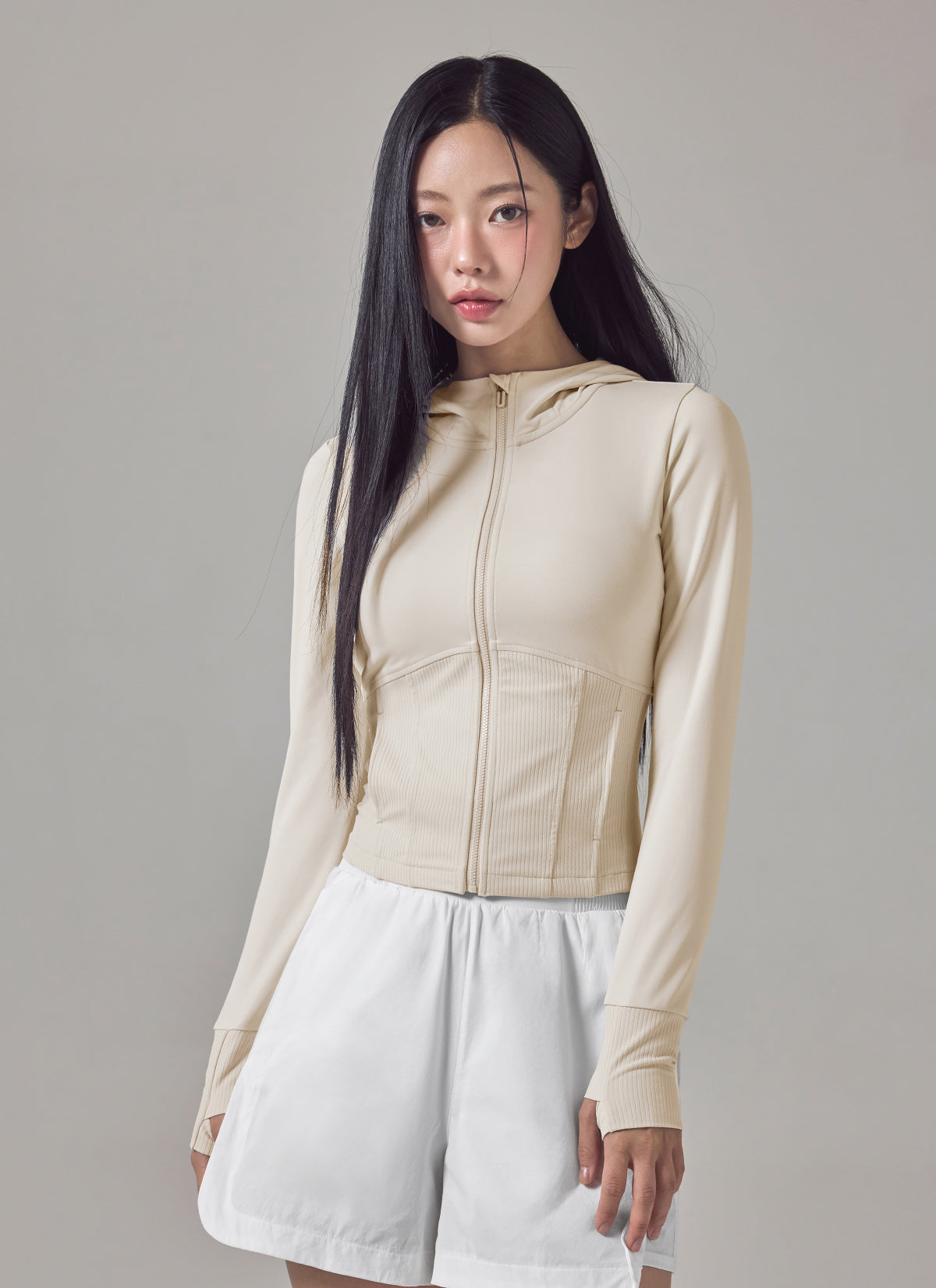 Soft Ribbed Mix Hoodie Zip-up Jacket