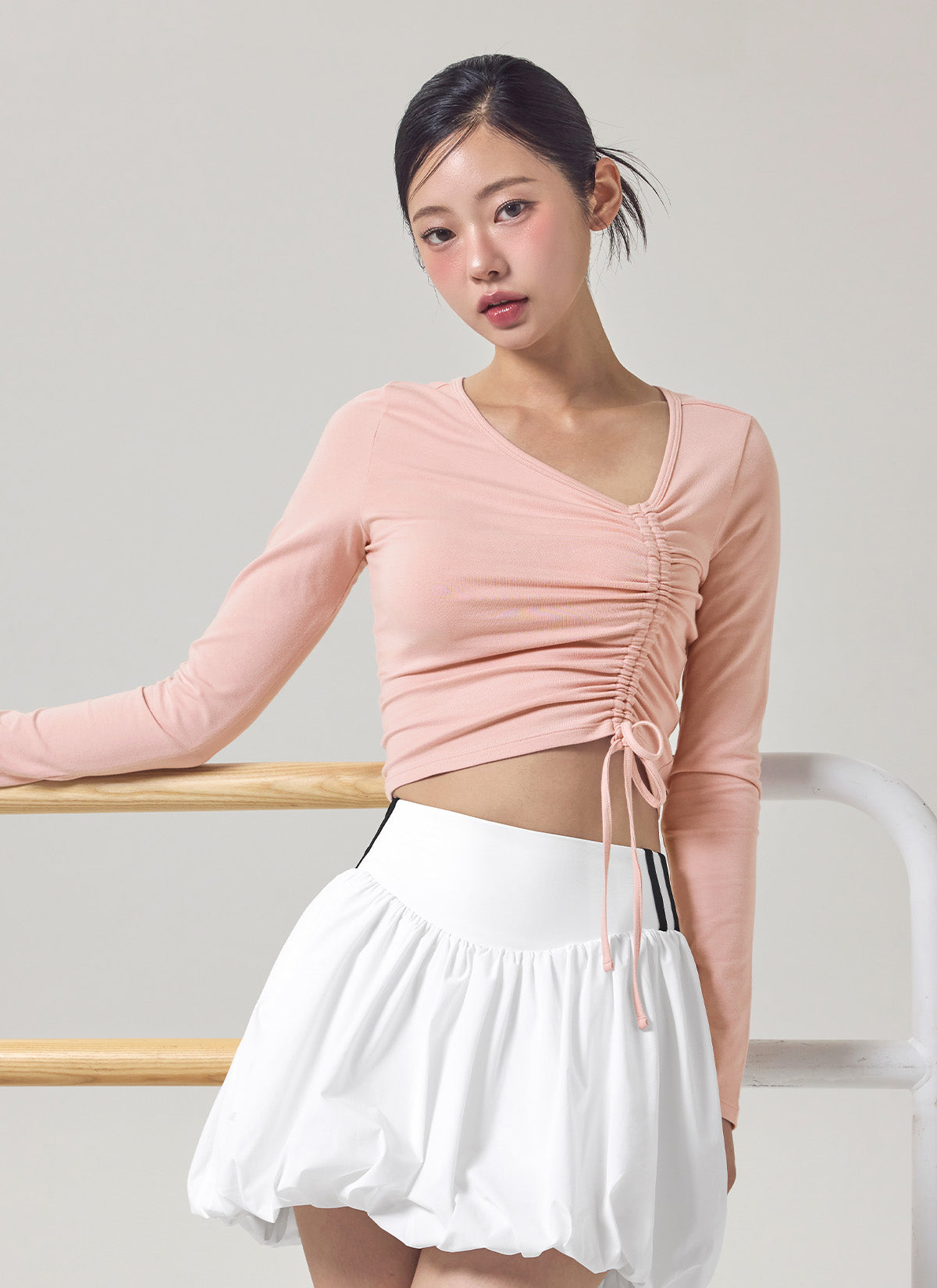 Unbalanced Neck Shirring Long Sleeve